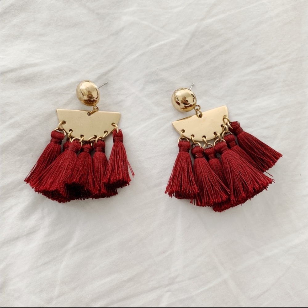 Dark Red Fringe and Gold Earrings